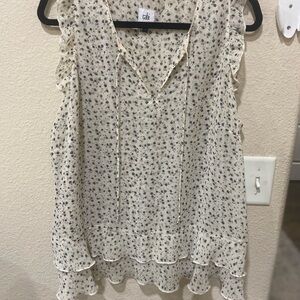 CAbi Cream and Black Floral Blouse with short  Ruffle Sleeves